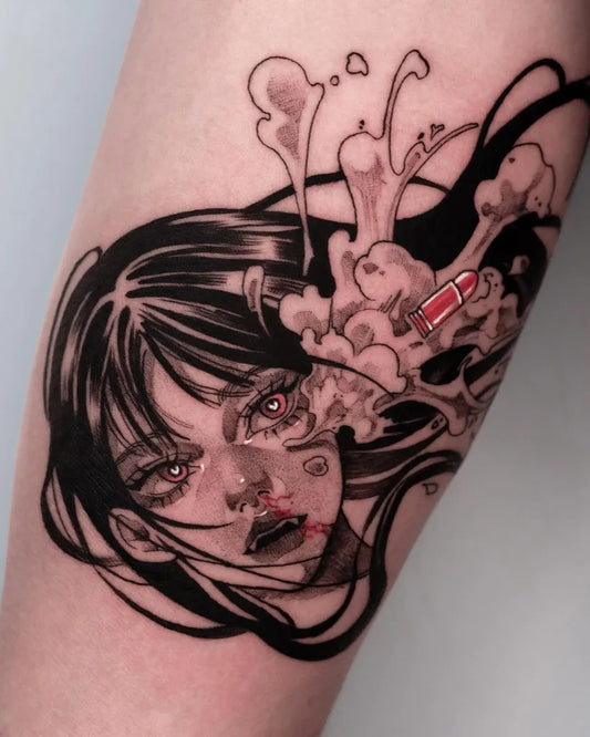 Big Anime Woman with Lipstick and Smoke on Women Arm Tattoo by @yozu.tattoo