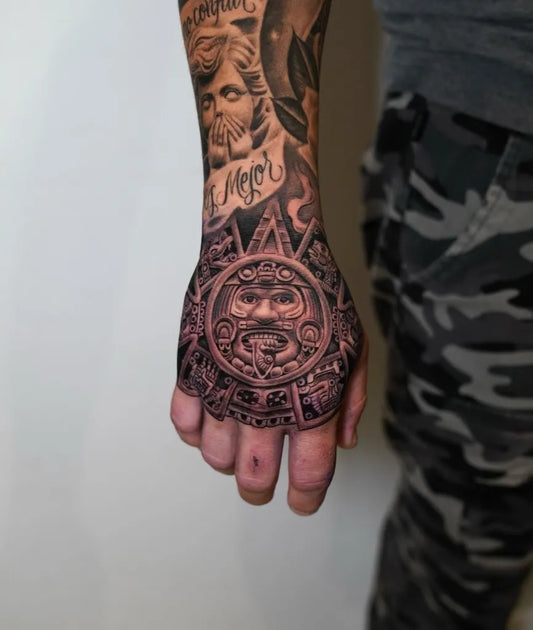 Big Aztec Aztec Sun Tattoo on Men Hand by @smileyartla