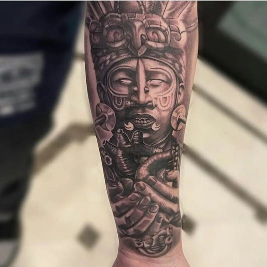 Big Aztec Aztec Warrior Face and Hands Tattoo on Men Arm by @mexicanstyle_tattoos