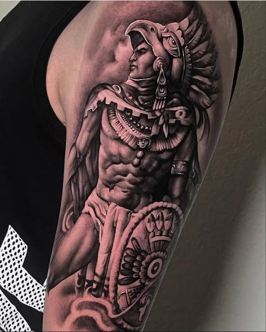 Big Aztec Aztec Warrior Shield Tattoo on Men Arm by @mexicanstyle_tattoos