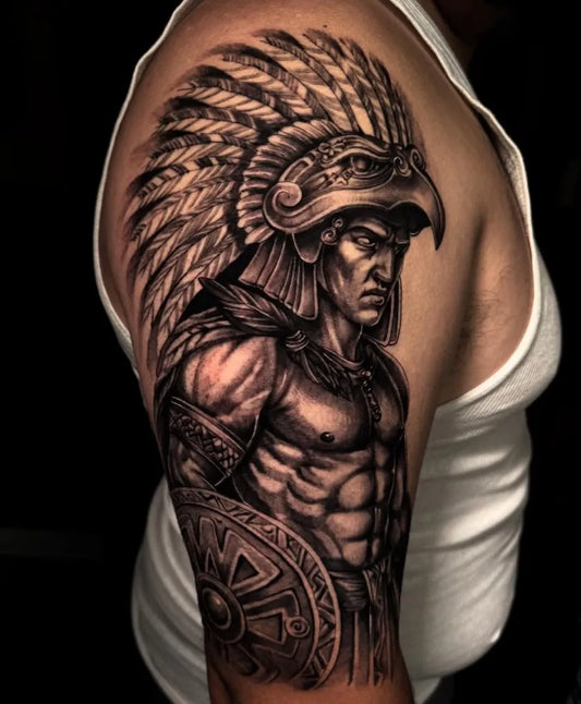 Big Aztec Aztec Warrior with Shield and Feathers Tattoo on Men Shoulder by @gtatat