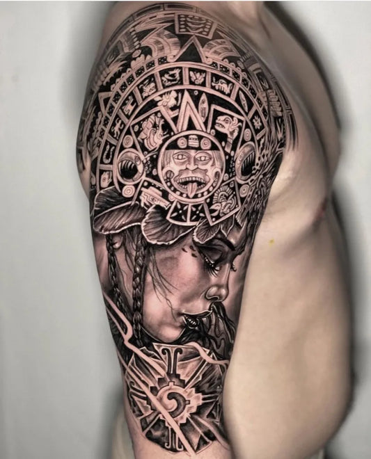 Big Aztec AztecCalendarDayOfTheDeadWomanTattoo on Men Shoulder by @mexicanstyle_tattoos