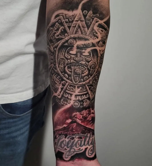 Big Aztec AztecCalendarWithVolcano Tattoo on Men Arm by @mexicanstyle_tattoos