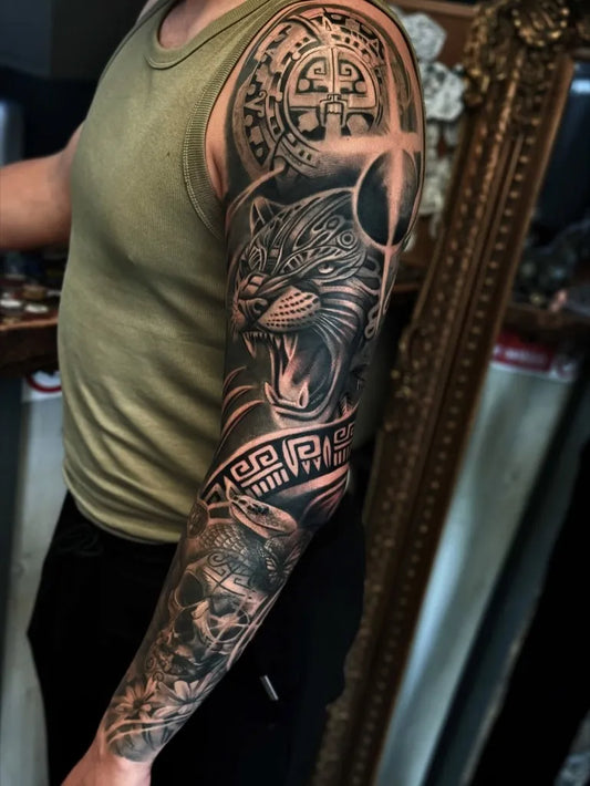 Big Aztec Jaguar Skull Tattoo on Men Arm by @will_templeman_tattoos