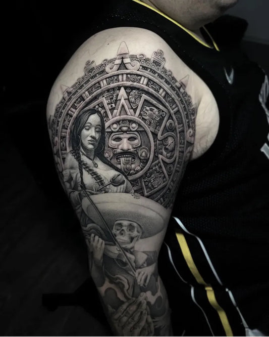 Big Aztec Mayan Calendar Skeleton Charro Tattoo on Men Arm by @mexicanstyle_tattoos