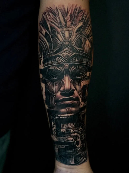 Big Aztec Mayan Warrior Face Tattoo on Men Arm by @kennethshawtattoo