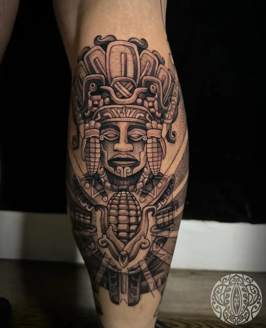 Big Aztec Mayan Warrior Face and Corn Tattoo on Men Thigh by @freddyjay108