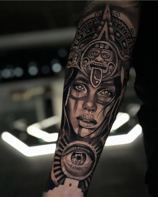 Big Aztec Mayan Warrior Face and Eye Tattoo on Men Arm by @mexicanstyle_tattoos