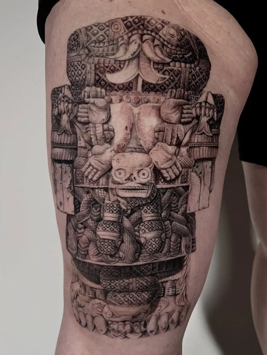 Big Aztec Mayan Warrior Figure Tattoo on Men Thigh by @thecrystalclaws