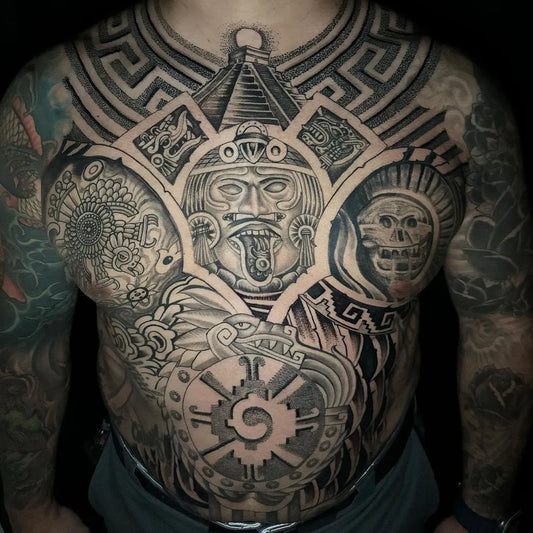 Big Aztec Mayan Warrior Skull Sun Tattoo on Men Chest by @mexicanstyle_tattoos