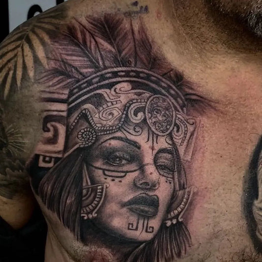Big Aztec Mayan Warrior Woman Tattoo on Men Chest by @mexicanstyle_tattoos