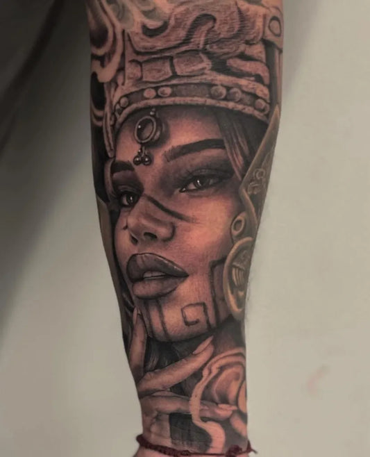 Big Aztec Mayan Warrior Woman Tattoo on Women Arm by @mexicanstyle_tattoos