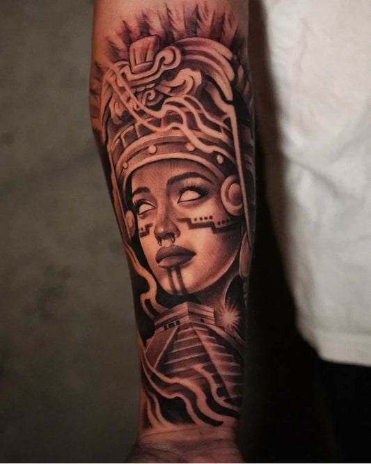 Big Aztec Mayan Woman Face Tattoo on Women Arm by @mexicanstyle_tattoos