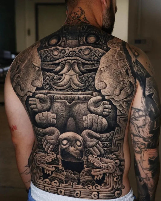 Big Aztec MayanStele Tattoo on Men Back by @mexicanstyle_tattoos