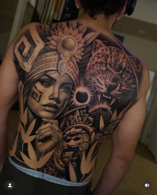 Big Aztec MayanWomanJaguar Tattoo on Men Back by @mexicanstyle_tattoos
