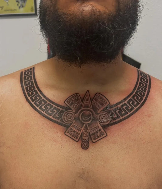 Big Aztec Necklace Pendant Tattoo on Men Neck by @inked_by_lou