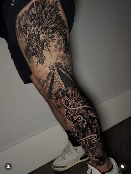 Big Aztec Quetzalcoatl Dragon Chichen Itza Pyramid Tattoo on Men Leg by @mexicanstyle_tattoos