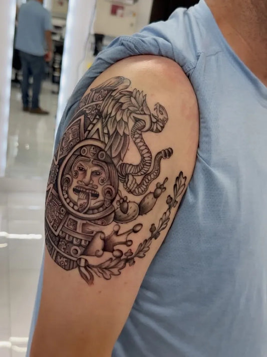 Big Aztec Quetzalcoatl Eagle Warrior Tattoo on Men Arm by @guity_tattoo