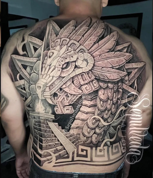 Big Aztec Quetzalcoatl Serpent on Pyramid Tattoo on Men Back by @sepulvedatattoo