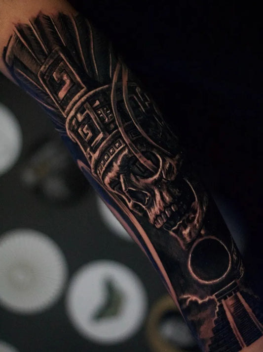 Big Aztec Skull with Headdress Tattoo on Men Arm by @baponeink