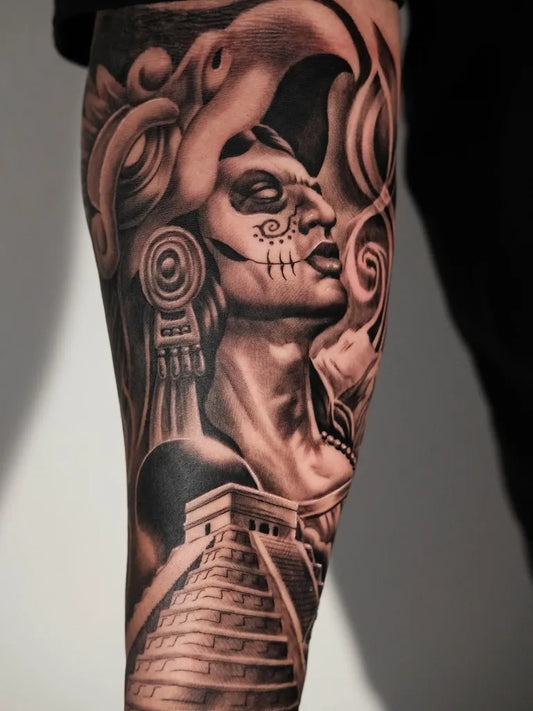 Big Aztec Sugar Skull with Pyramid Tattoo on Women Arm by @johnny_ayala