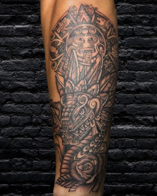 Big Aztec Sun Stone Jaguar Tattoo on Men Arm by @mr.inkw