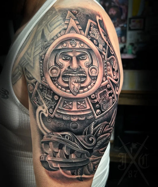 Big Aztec Sun Stone and Serpent Tattoo on Men Arm by @jorgecorcuera