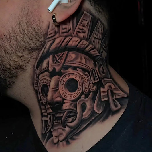Big Aztec Warrior Mask Tattoo on Men Neck by @luckyyoutattoolockefordca