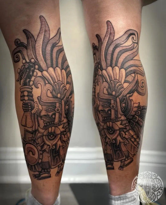 Big Aztec Warrior Mask and Feathers Tattoo on Men Leg by @freddyjay108