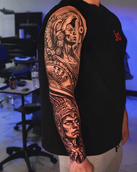 Big Aztec WarriorWoman Tattoo on Men Arm by @brayan_ink_tattoo