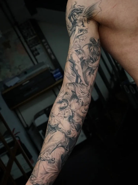 Big Baroque Angels on Men Arm Sleeve Tattoo by @jackwoodtattoo