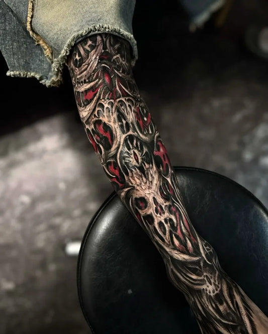 Big Bio Mechanical Skull and Gears on Women Leg Tattoo by @deaxn.ink