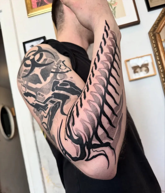 Big BioMechanical Spine Dragon on Men Arm Sleeve Tattoo by @he.xod_ttt