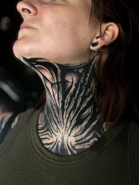 Big BioOrganic Flowers on Women Neck Tattoo by @__noeko__