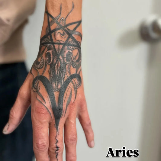 Big Black Pentagram with Ram Skull and Horns on Men Hand Tattoo by @bones_witch_tattoos