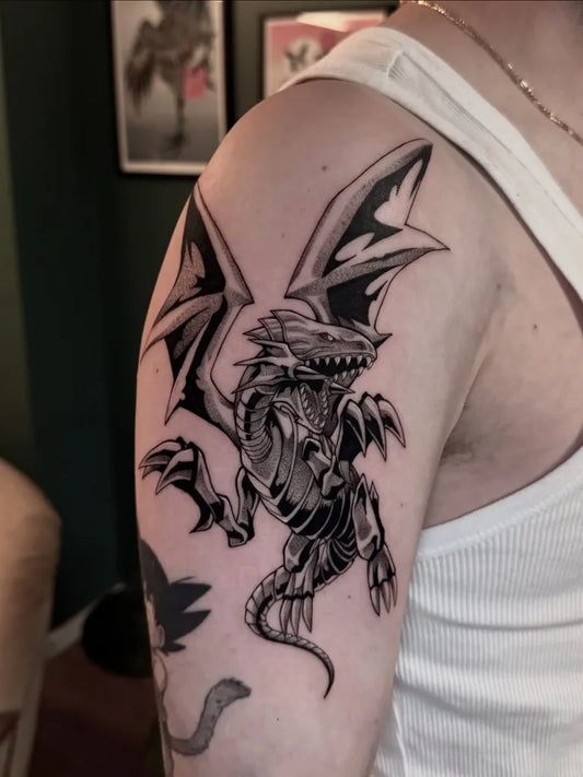 Big Black Winged Dragon on Men Shoulder Tattoo by @belzebubtattoo