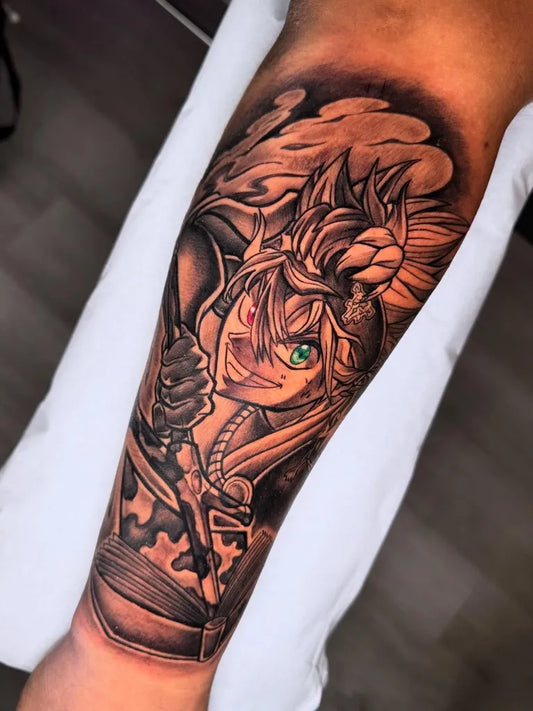 Big Black and Gray Anime Character with Sword and Book on Men Arm Tattoo by @quest_tattoos