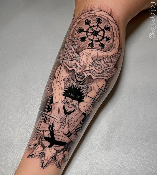 Big Black and Gray Jujutsu Kaisen Characters on Women on Thigh Tattoo by @agusto.jpg