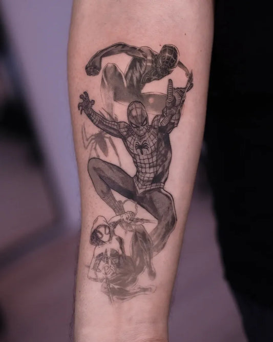 Big Black and Gray Spider Man and Black Cat on Men Arm Tattoo by @purplepalmtreedelight
