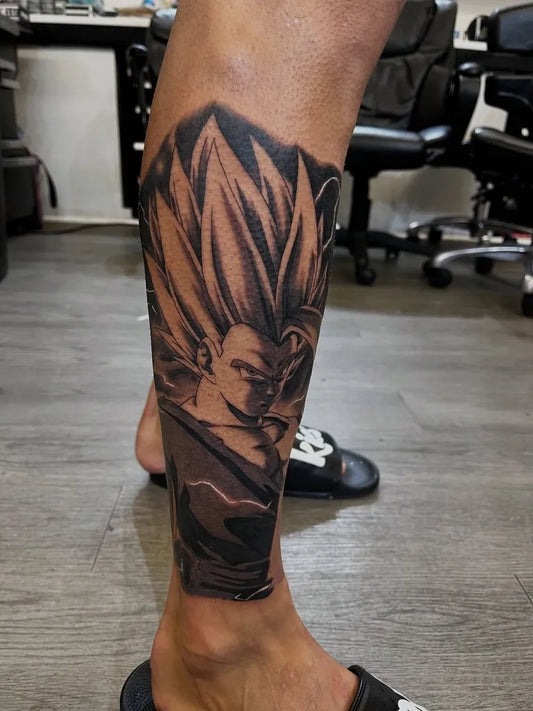 Big Black and Gray Super Saiyan Goku on Men Leg Tattoo by @_mythhx_