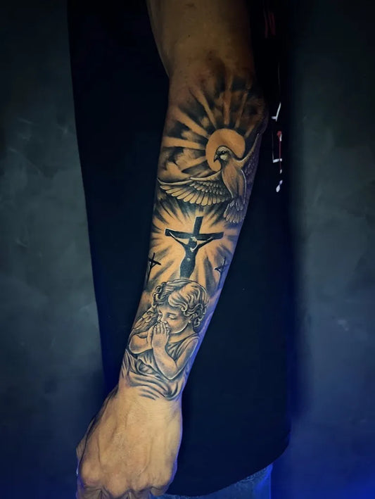 Big Black and Grey 3 Cross Dove Angel Tattoo on Men Arm by @phstudiotattoo_