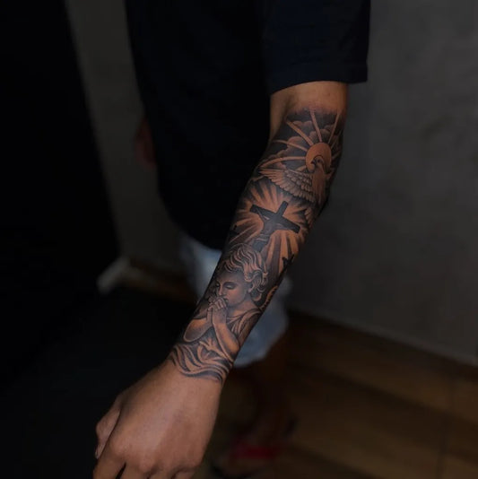 Big Black and Grey 3 Cross Sun and Angel Tattoo on Men Arm by @conexaoartetatoo