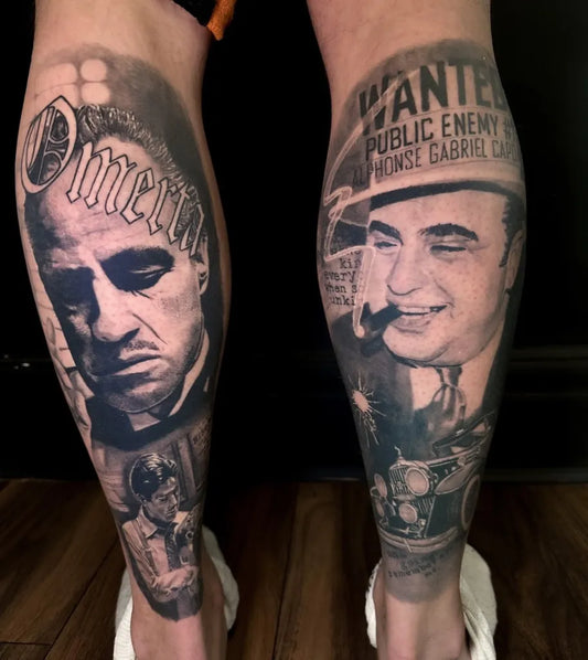 Big Black and Grey Al Pacino Wanted Poster Tattoo on Men Calf by @pocotattooleeds