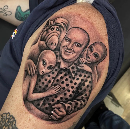Big Black and Grey Alien Family Tattoo on Men Shoulder by @marta_montero_tattoo