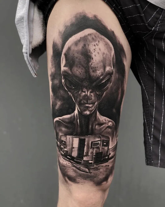 Big Black and Grey Alien Head and UFO Tattoo on Men Thigh by @sw_tattoo