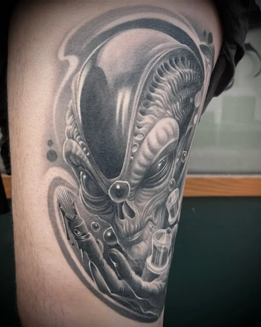 Big Black and Grey Alien Head with Claw Tattoo on Men Thigh by @stefan_funk_tattoo