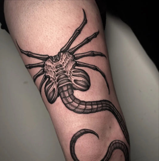 Big Black and Grey Alien Tattoo on Men Arm by @bardot_tattoo
