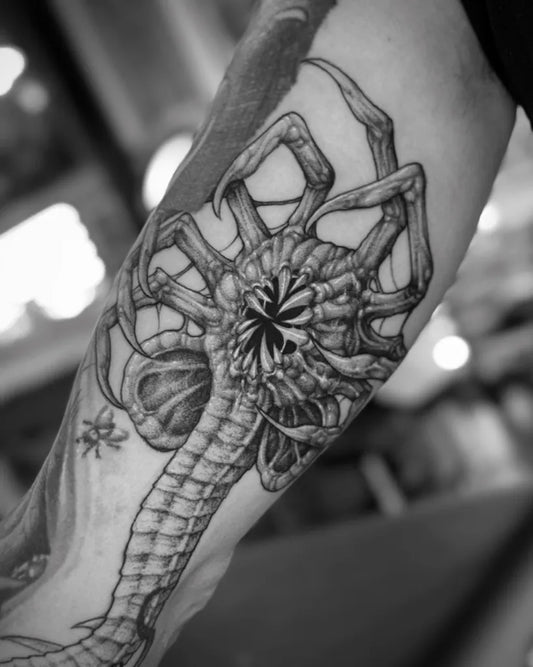 Big Black and Grey Alien Tattoo on Men Arm by @blackoutblk
