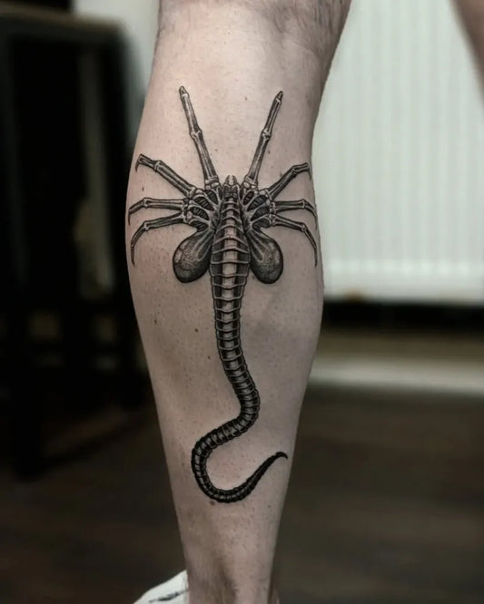 Big Black and Grey Alien Tattoo on Men Leg by @handofhopetattoo