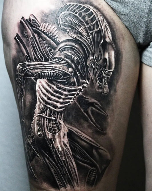 Big Black and Grey Alien Tattoo on Men Thigh by @akosboko_tattooartist